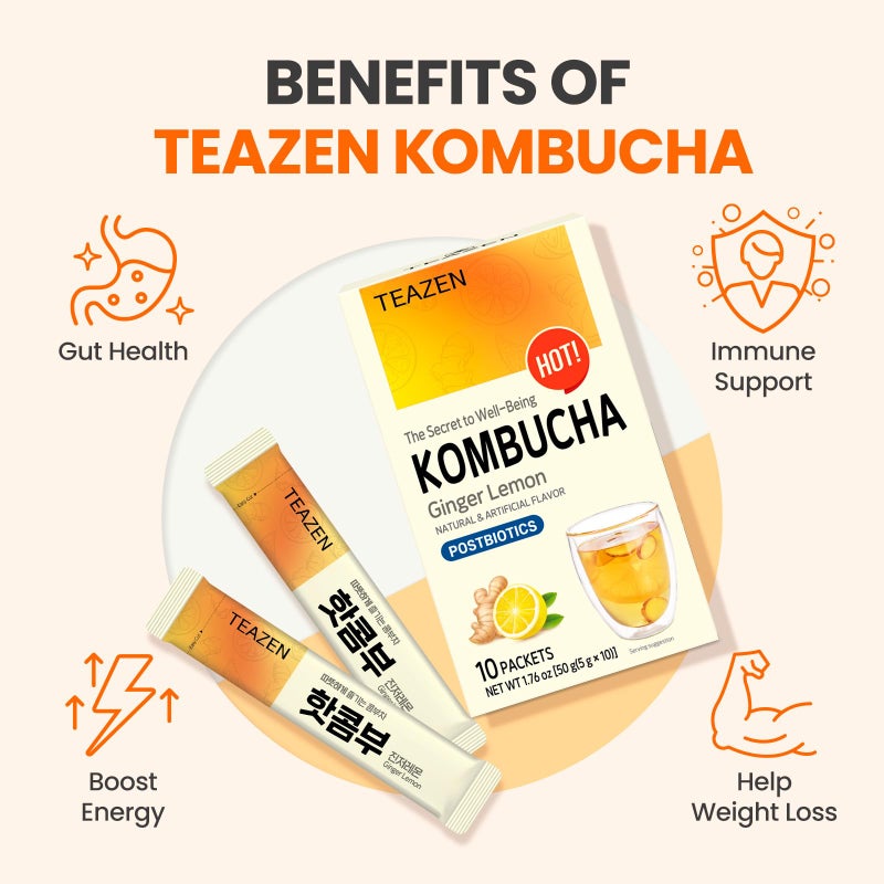 TEAZEN Lemon Ginger Hot Kombucha Tea, Spice Tea, Live Probiotics & Postbiotics, Relaxation and Warmth for Colds and Sore Throat, Hydration Drink Mix, Sugar Free, 10 Sticks, 1.76oz - Image 5